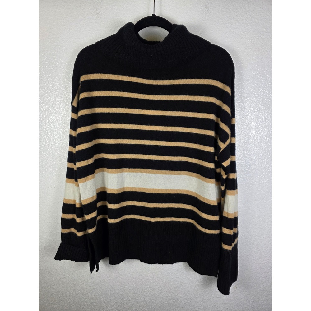 Magaschoni Black Striped 100% Cashmere Mock Neck Sweater Womens XL New